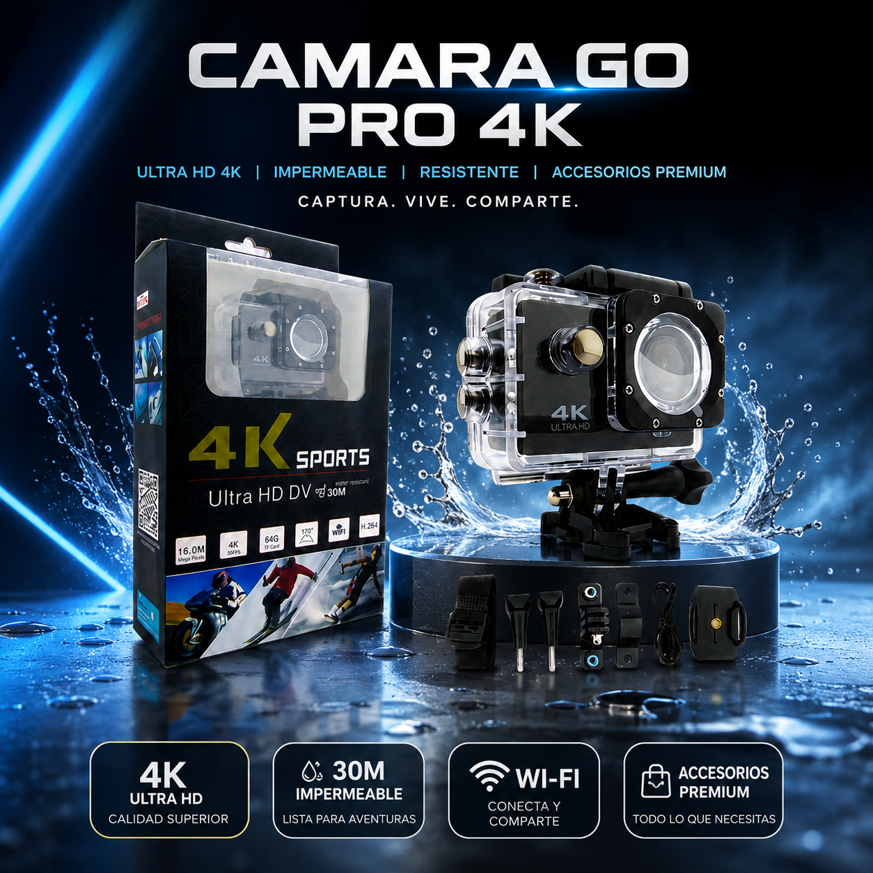 Cámara Deportiva 4K Ultra HD + Kit de Accesorios